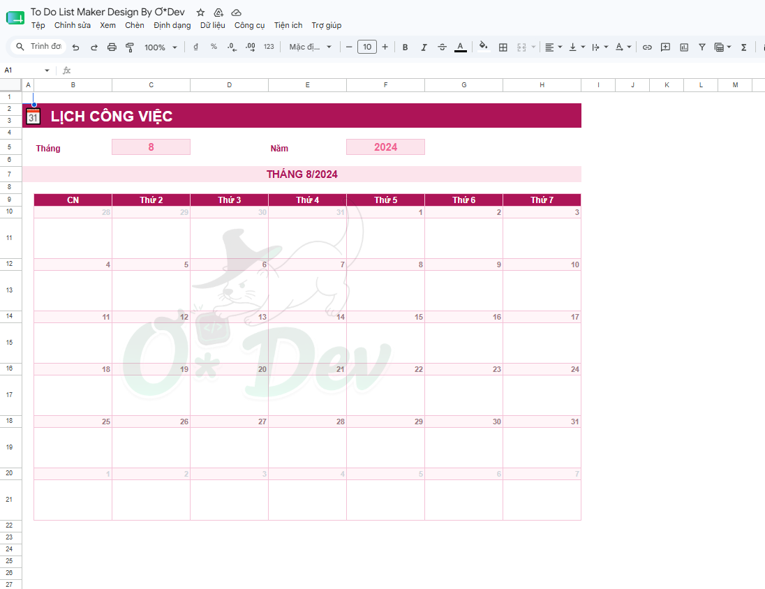 Sheet Lịch công việc tự động hiển thị theo tháng và năm đã chọn