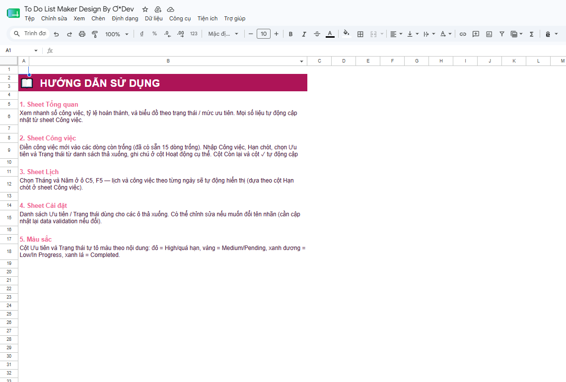 Sheet Hướng dẫn sử dụng chi tiết từng bước cho To Do List Maker